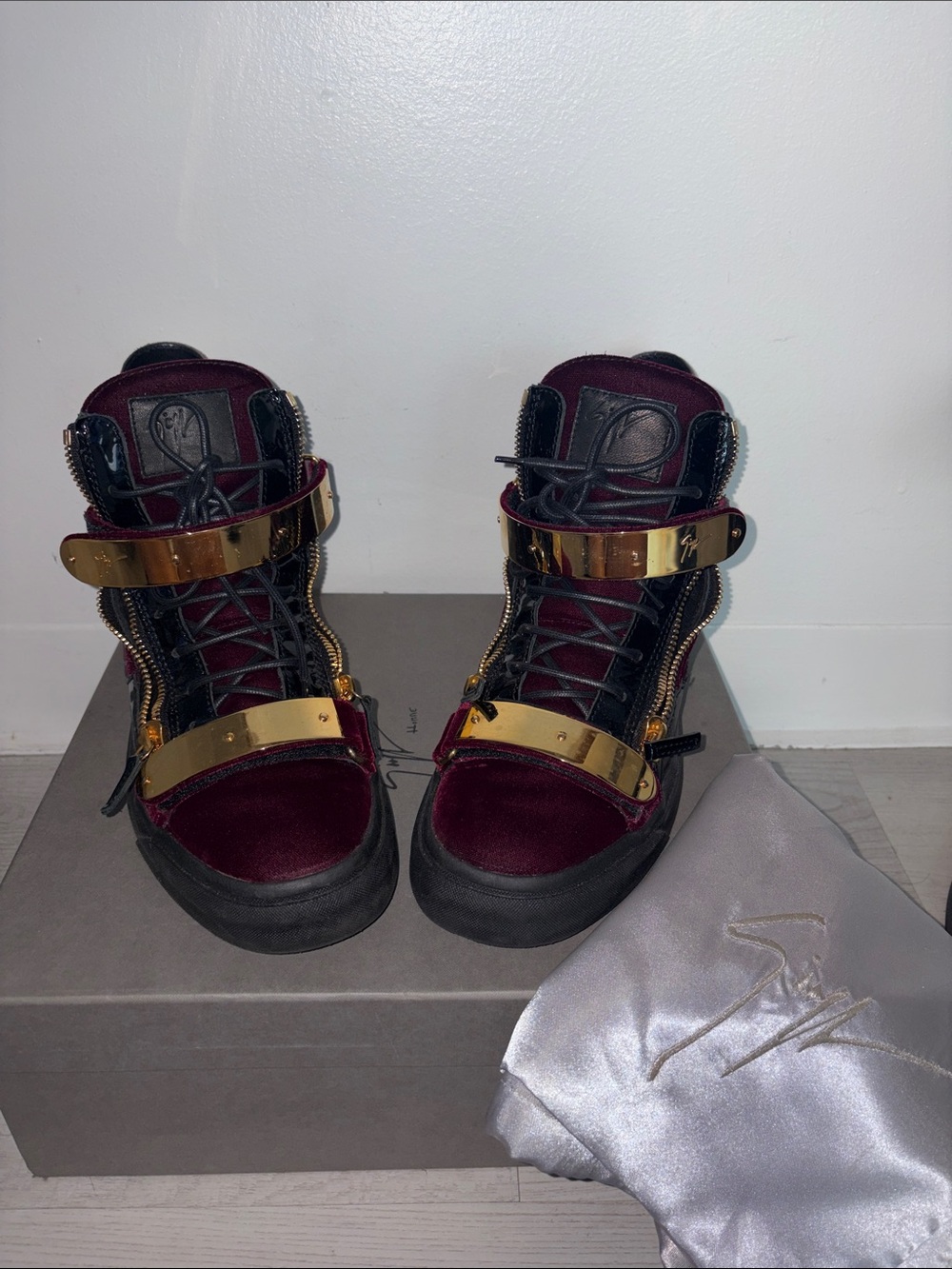 100%Authentic Giuseppe Zanotti Burgundy Velvet High-Top Sneakers w/Gold Hardware